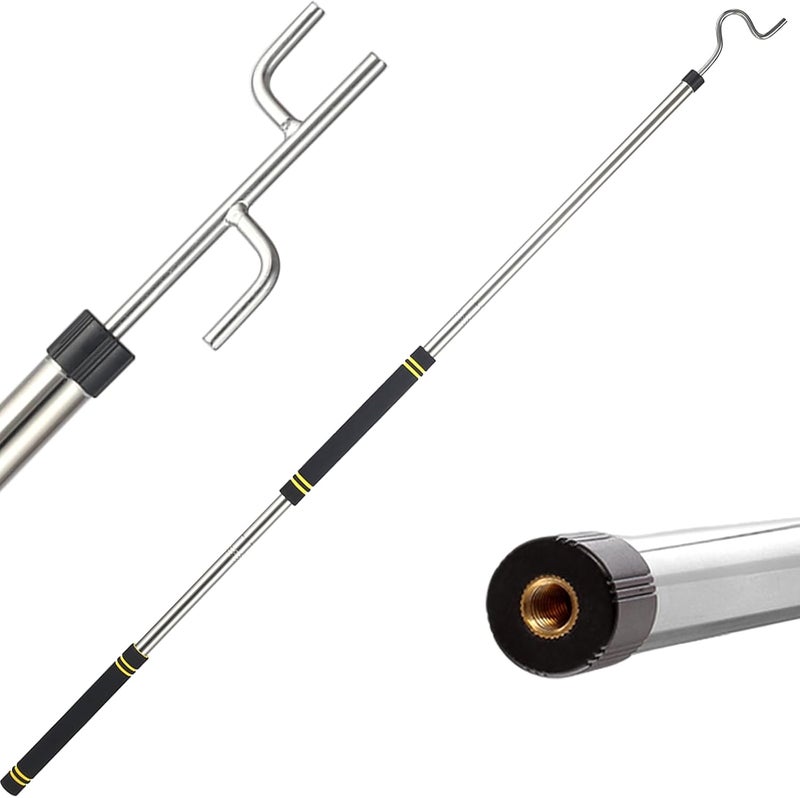Frebuta Clothes Hook Pole for Closet,32 to 80In Truck Cargo Recovery Bar Long Handle with 2 Hooks Hanging Birdfeeder and Wind Chime Stainless Steel Tube for Home Outdoor Decorate (Black Yellow) - Image 1